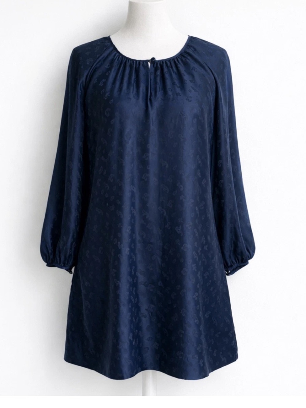 J.Crew 100% Silk Navy Tonal Paisley Jacquard Shift Dress Balloon Sleeve Size 6